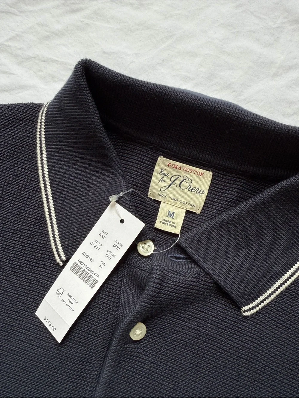 J. Crew Men’s Pima Cotton Short Sleeve Tipped Sweater Polo in Navy, size M